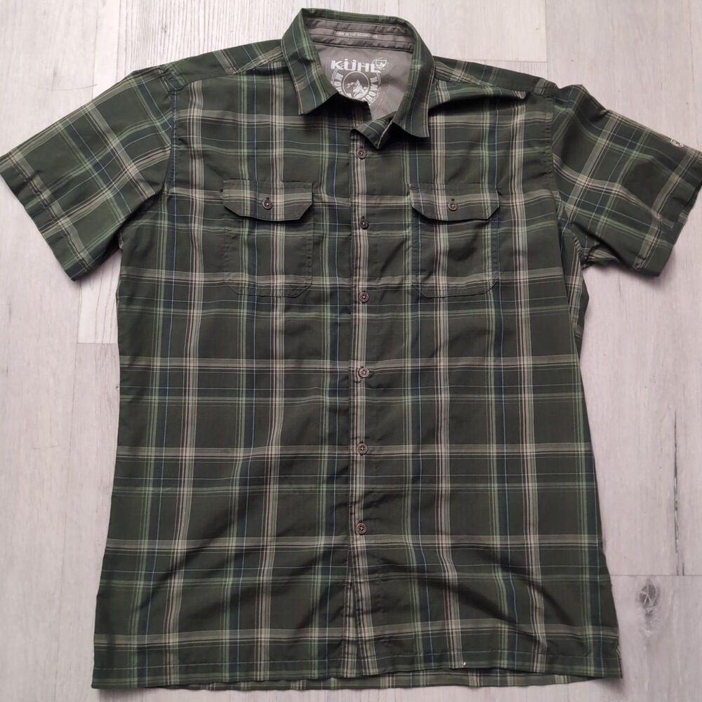 KUHL Shirt Mens Medium Green Button up Eluxur Short Sleeve Plaid Gorpcore